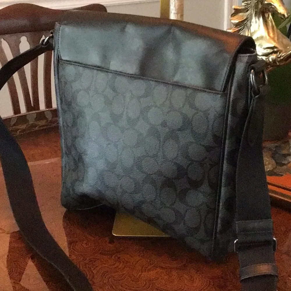 Coach Black Messenger Flap Bag with Leather Trim Houston Map